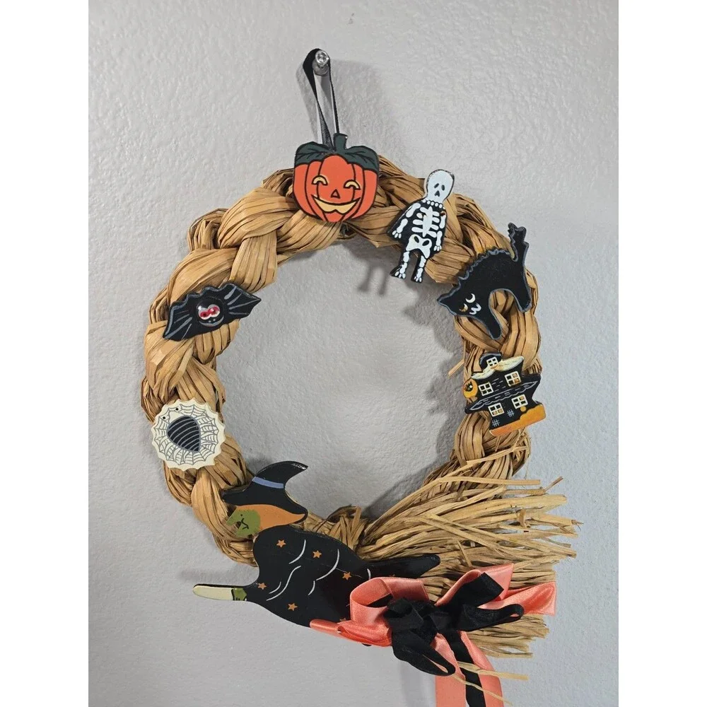 Vintage Rattan Halloween Wreath Witch By Lillian Vernon hand painted wooden